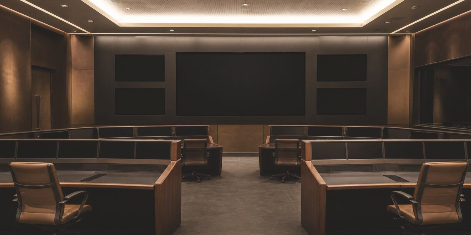 Control room with consoles facing a display wall